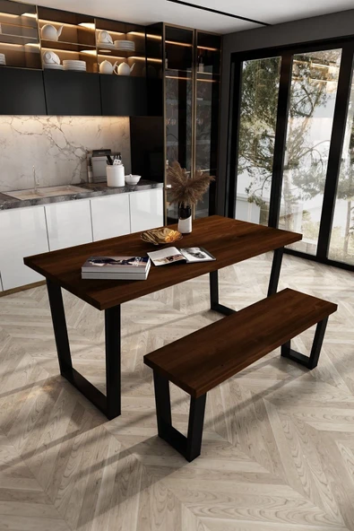 Woodesk  Eylül Masif Ceviz Renk 180x80 Banklı Yemek Masası