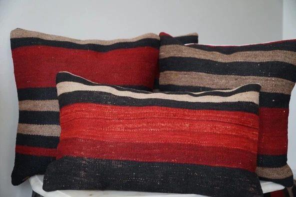 40x40 El Yapımı Vintage Kırmızı Siyah Kilim Yastık Kılıfı, Bohem Dekoratif Yastık, Harika Ev Dekoru - 6