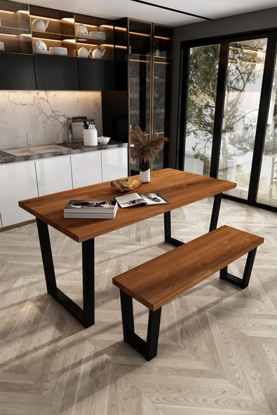 Woodesk  Eylül Masif Tik Renk 140x70 Banklı Yemek Masası