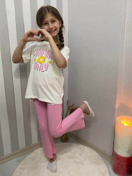 Kız Çocuk Uzun İspanyol Pantolon Kısa Kol Badi Takım M00712 - Resim 7