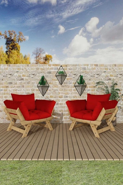Woodesk  Adalar Natural-Kırmızı Renk, 1+1 Bahçe Takımı CPT8543-NK