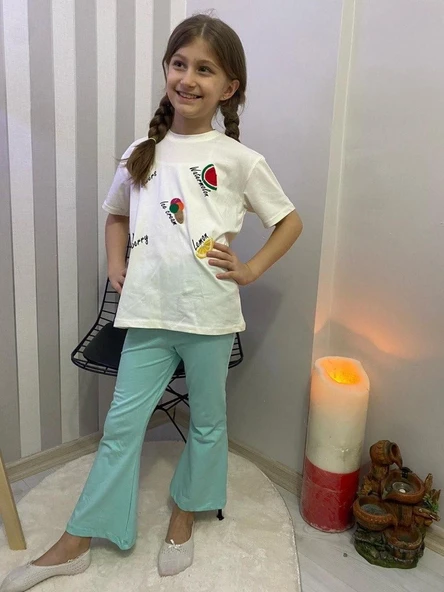 Kız Çocuk Uzun İspanyol Pantolon Kısa Kol Badi Takım M00712 - Resim 2