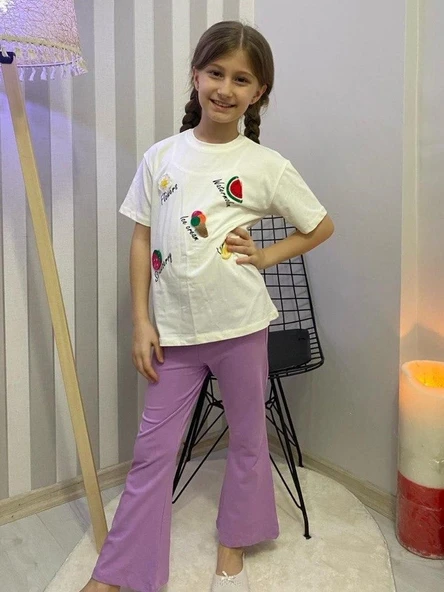 Kız Çocuk Uzun İspanyol Pantolon Kısa Kol Badi Takım M00712 - Resim 9