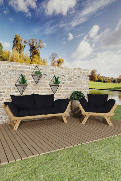 Woodesk  Adalar Natural-Siyah Renk, 2+1 Bahçe Takımı CPT8588-21NS