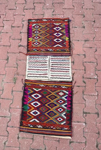 56x147 cm Özel Vintage El Dokuma Heybe Kilim, Renkli Harika Desenli, Antik Anadolu Yün Heybe Halı, Dekoratif Hediye - 1