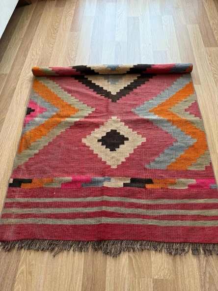 109x145 cm Geometrik Desenli El Dokuma Kilim, Anadolu Yün Kilim, Göz Motifi, Pembe Renk Bohem Stili Kilim - 8