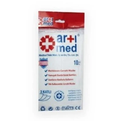 Artımed 3 Meltblown Katlı Kulak Bantlı Ultrasonik Cerrahi Maske Telli 10'lu