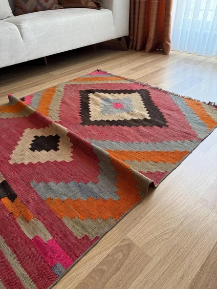 109x145 cm Geometrik Desenli El Dokuma Kilim, Anadolu Yün Kilim, Göz Motifi, Pembe Renk Bohem Stili Kilim - 9