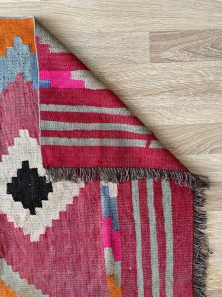 109x145 cm Geometrik Desenli El Dokuma Kilim, Anadolu Yün Kilim, Göz Motifi, Pembe Renk Bohem Stili Kilim - 7