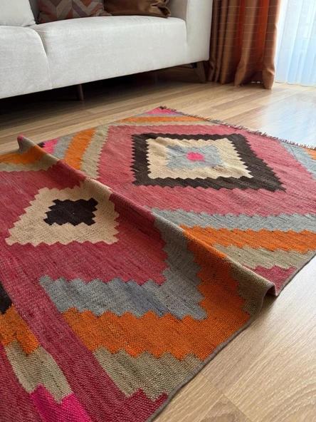 109x145 cm Geometrik Desenli El Dokuma Kilim, Anadolu Yün Kilim, Göz Motifi, Pembe Renk Bohem Stili Kilim - 10