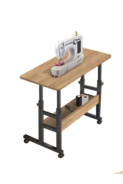 servetavcı Çalışma Masası Yükseklik Ayarlı Dikiş Makinesi Sehpası - Atlantik Çam (Frenli Tekerli) 80x40 Oval Kenar