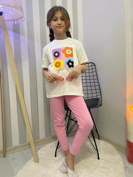 Kız Çocuk 3D Çiçek Motifli Yazlık Taytlı Badi Takım M00713 - Resim 2