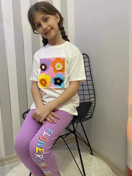 Kız Çocuk 3D Çiçek Motifli Yazlık Taytlı Badi Takım M00713 - Resim 4