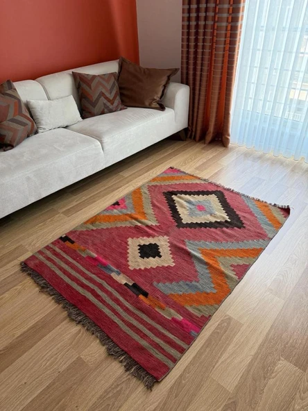 109x145 cm Geometrik Desenli El Dokuma Kilim, Anadolu Yün Kilim, Göz Motifi, Pembe Renk Bohem Stili Kilim - 5