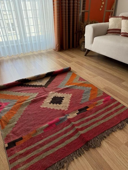 109x145 cm Geometrik Desenli El Dokuma Kilim, Anadolu Yün Kilim, Göz Motifi, Pembe Renk Bohem Stili Kilim - 2