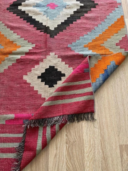 109x145 cm Geometrik Desenli El Dokuma Kilim, Anadolu Yün Kilim, Göz Motifi, Pembe Renk Bohem Stili Kilim - 6