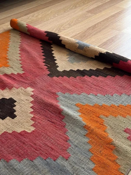 109x145 cm Geometrik Desenli El Dokuma Kilim, Anadolu Yün Kilim, Göz Motifi, Pembe Renk Bohem Stili Kilim - 3