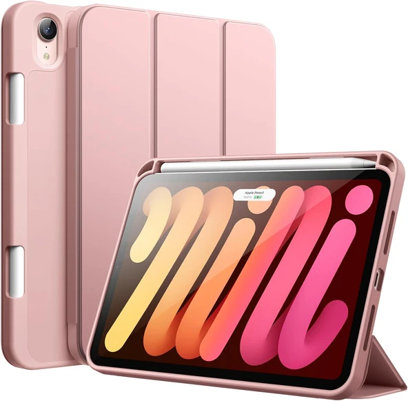 Ipad Mini 7 (A17 Pro) Kılıf Uyku Modlu Smart Pen Slot Charging Case   PEMBE