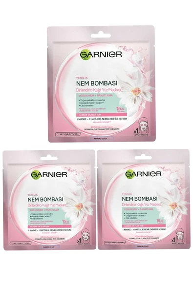 Garnier Hassas Ve Kuru Ciltler Için Nem Bombası Dinlendirici Kağıt Yüz Maskesi 3 Lü Set 3600541945647