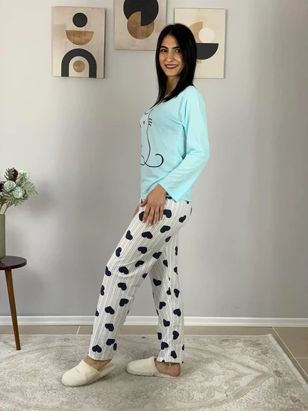 Kadın Kedi Motifli Kalp Desenli Pijama Takımı (Mavi-Beyaz) - Resim 7