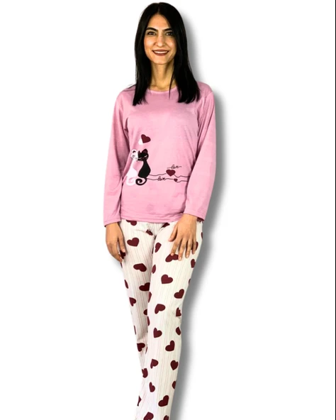 Kadın Kedi Motifli Kalp Desenli Pijama Takımı (Pembe-Beyaz)