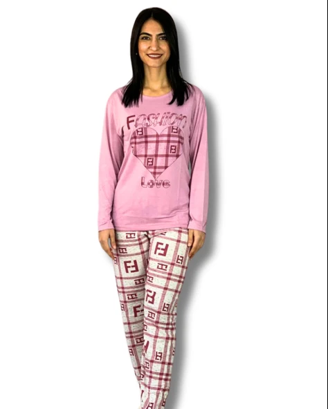 Kadın Fashion Love Desenli Pijama Takımı (Pembe)