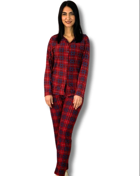 Kadın Ekose Desenli Süet Düğmeli Pijama Takımı (Kırmızı) ürün görseli