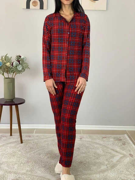 Kadın Ekose Desenli Süet Düğmeli Pijama Takımı (Kırmızı) - Resim 4