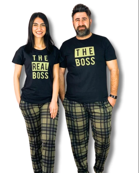 Kadın The Real Boss Motifli Pijama Takımı (Siyah-Haki)