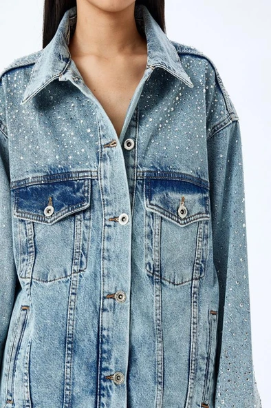 Koton Cepli Taş Detaylı Düğmeli Denim Ceket - 5