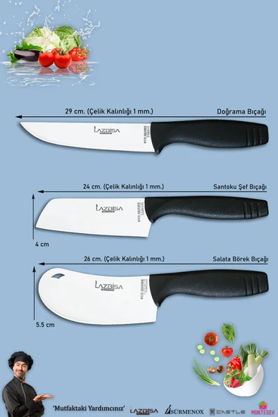 Eco Serisi Mutfak Bıçak Seti Et Ekmek Sebze Pizza Salata Börek Şef Bıçağı 3 Lü Set ( Mft-123) - Resim 2