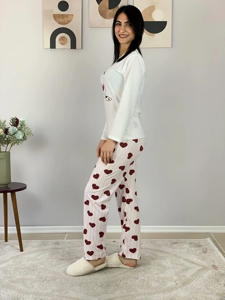 Kadın Kedi Motifli Kalp Desenli Pijama Takımı (Bordo-Beyaz) - Resim 3