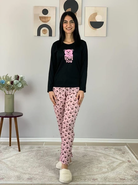 Kadın Love You Baskılı Panda Desenli Pijama Takımı (Pembe-Siyah) - Resim 2