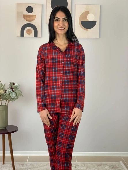 Kadın Ekose Desenli Süet Düğmeli Pijama Takımı (Kırmızı) - Resim 5