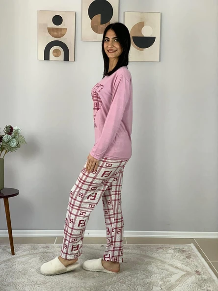 Kadın Fashion Love Desenli Pijama Takımı (Pembe) - Resim 3