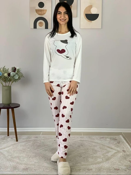Kadın Kedi Motifli Kalp Desenli Pijama Takımı (Bordo-Beyaz) - Resim 2