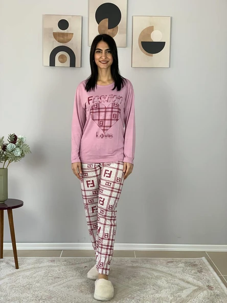 Kadın Fashion Love Desenli Pijama Takımı (Pembe) - Resim 4