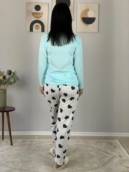 Kadın Kedi Motifli Kalp Desenli Pijama Takımı (Mavi-Beyaz) - Resim 6