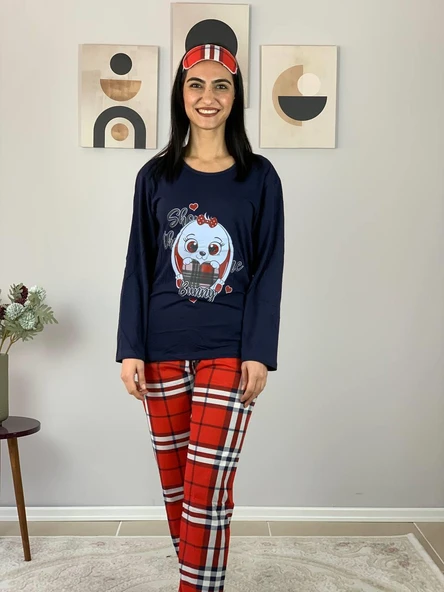 Kadın Ekose Desenli Uyku Bantlı Pijama Takımı (Lacivert-Kırmızı) - 5