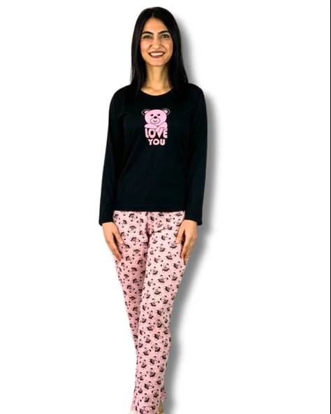 Kadın Love You Baskılı Panda Desenli Pijama Takımı (Pembe-Siyah)