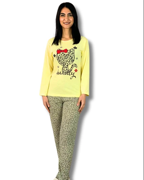 Kadın Kedi Motifli Leopar Desenli Pijama Takımı (Sarı)