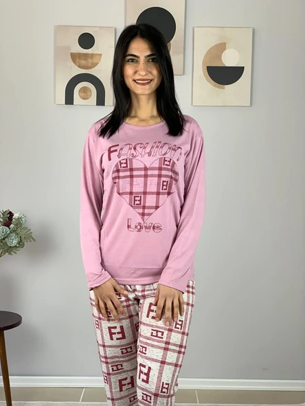 Kadın Fashion Love Desenli Pijama Takımı (Pembe) - Resim 5