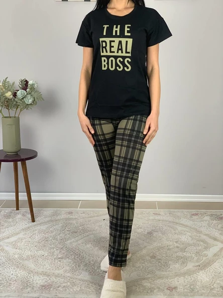 Kadın The Real Boss Motifli Pijama Takımı (Siyah-Haki) - 4