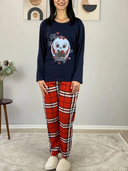 Kadın Ekose Desenli Uyku Bantlı Pijama Takımı (Lacivert-Kırmızı) - 2