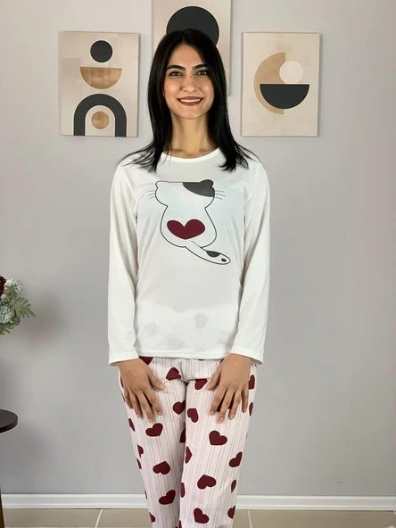 Kadın Kedi Motifli Kalp Desenli Pijama Takımı (Bordo-Beyaz) - Resim 4