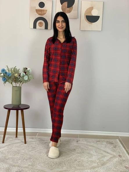 Kadın Ekose Desenli Süet Düğmeli Pijama Takımı (Kırmızı) - Resim 2