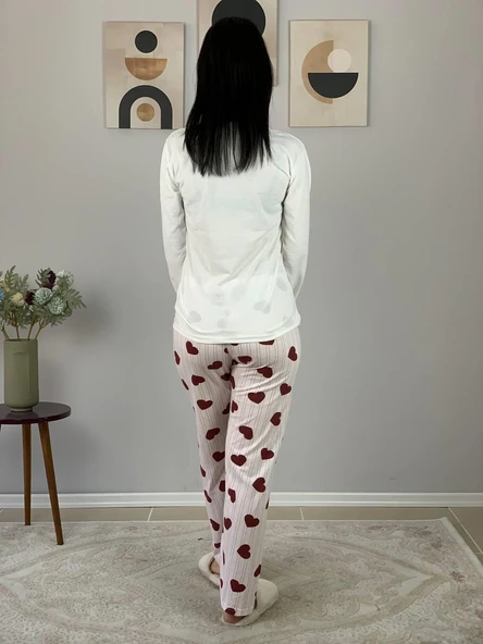Kadın Kedi Motifli Kalp Desenli Pijama Takımı (Bordo-Beyaz) - Resim 7