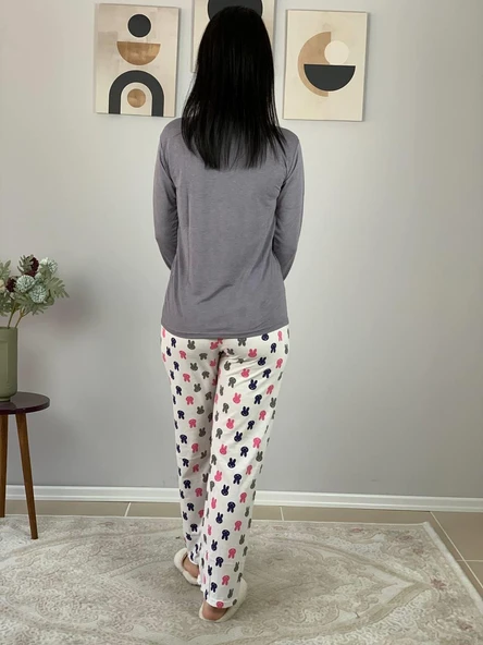 Kadın Love Motifli Kalp Desenli Pijama Takımı (Bej-Beyaz) - Resim 6