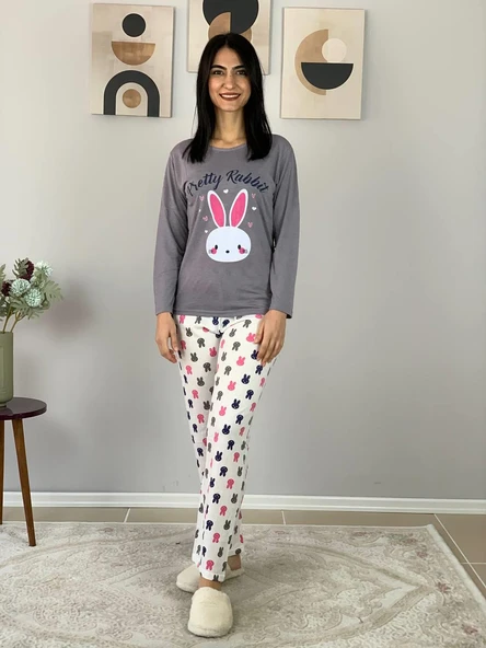 Kadın Love Motifli Kalp Desenli Pijama Takımı (Bej-Beyaz) - Resim 2