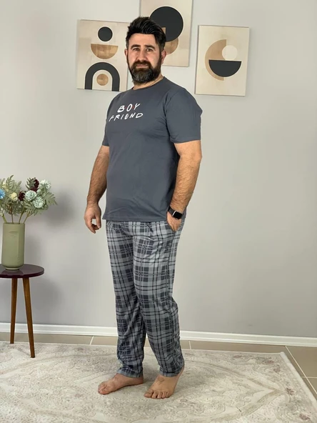 Erkek  Boy Friend Motifli Pijama Takımı (Gri) - 3